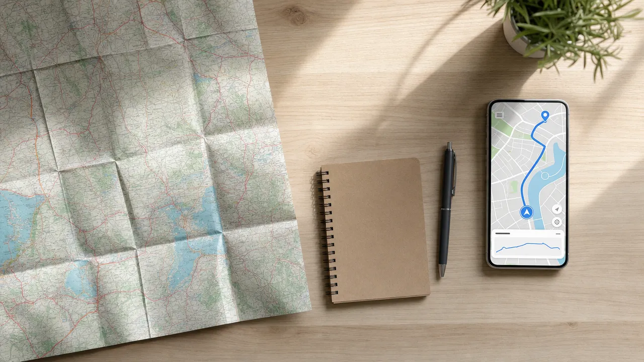 Une vieille carte routiere papier et un smartphone de navigation poses sur un bureau, image de la bascule de l'ecriture vers l'IA