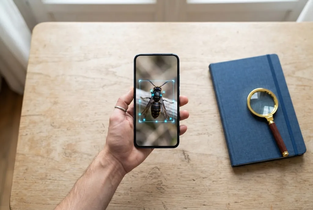 Un telephone photographie un frelon, un cadre de detection entoure l insecte a l ecran